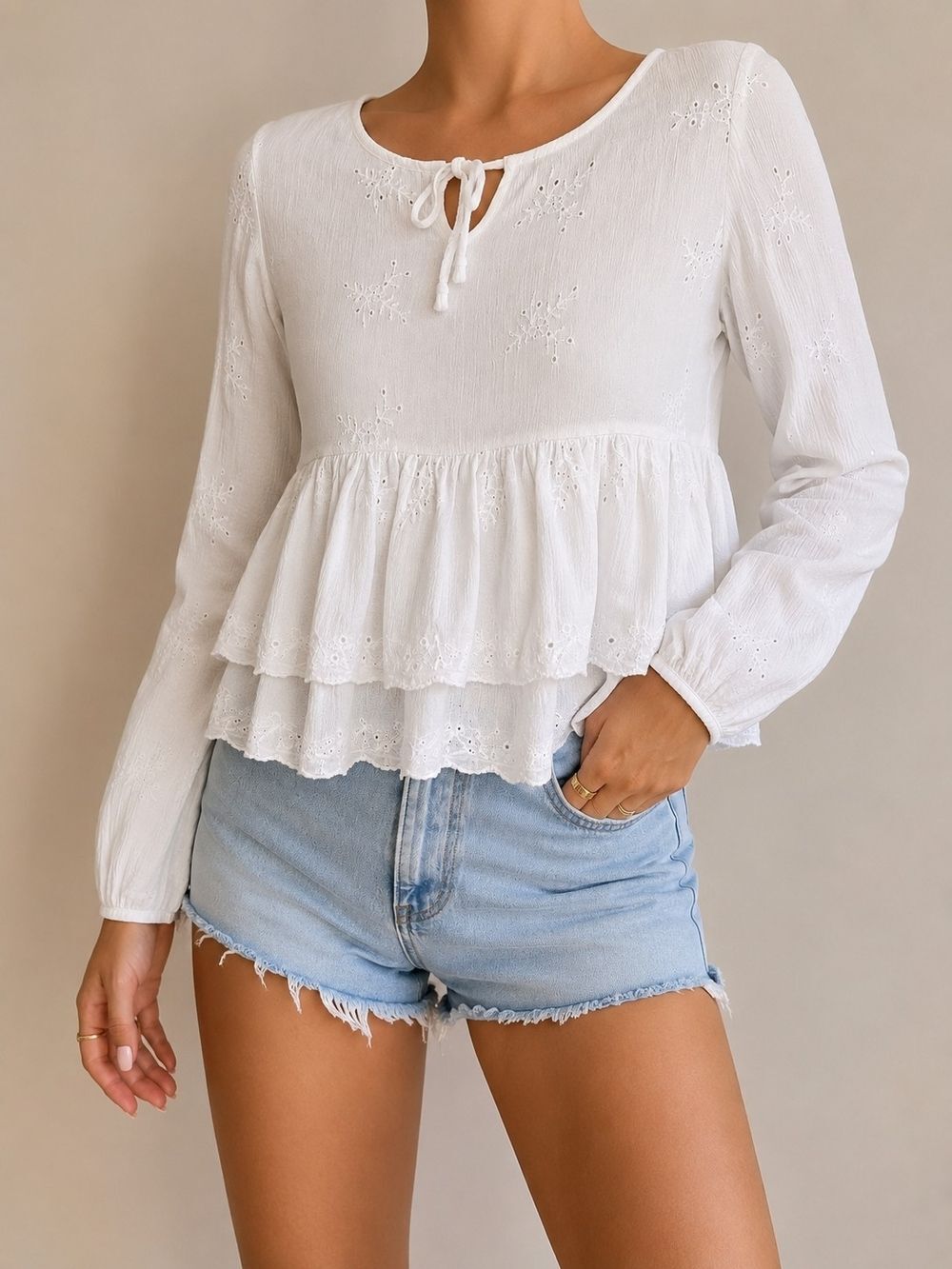 Hollister White Eyelet Embroidered Peplum Blouse Sz M Boho Cottagecore Babydol